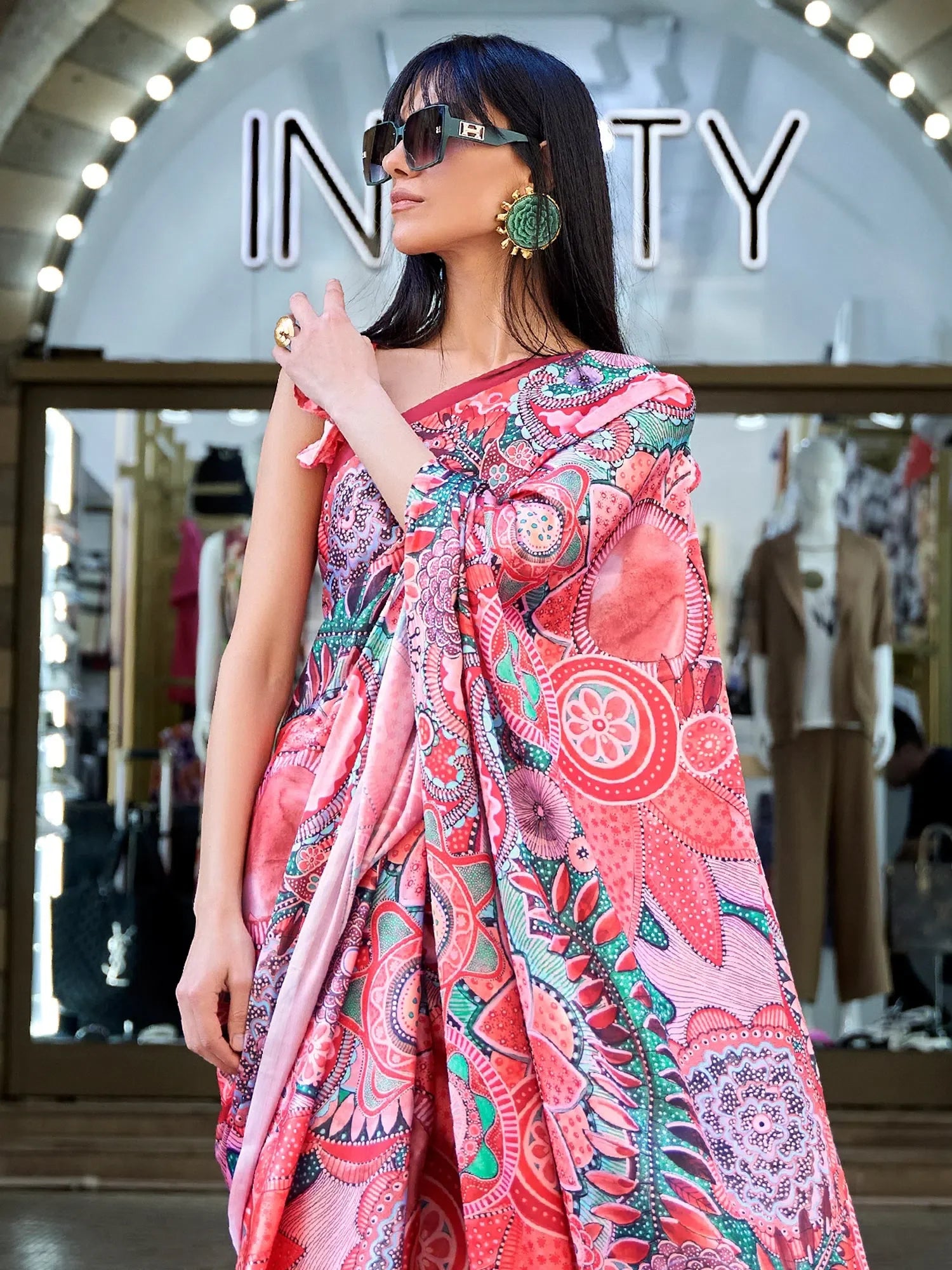 Red Digital Print Satin Saree | Indian Sari & Blouse