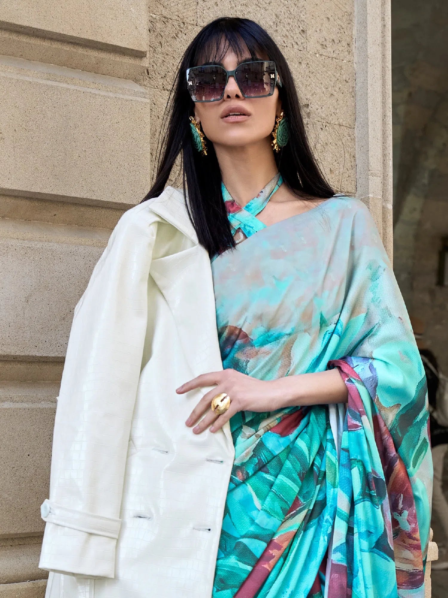 Blue Digital Print PolySatin Saree | Indian Sarees