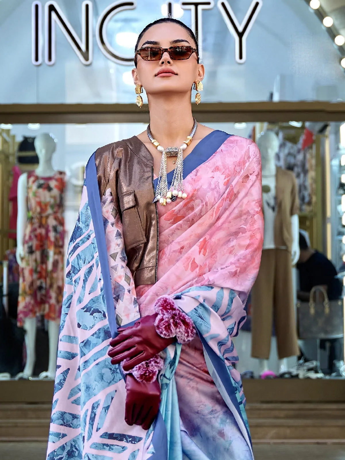 Women's Satin  Blue Digital Print Designer Saree With Blouse Piece-KLORA332006