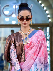 Women's Satin  Blue Digital Print Designer Saree With Blouse Piece-KLORA332006