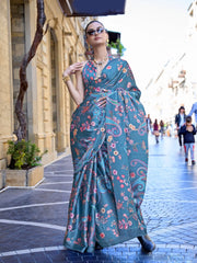 Women's Satin  Teal Blue Digital Print Designer Saree With Blouse Piece-KLORA332009