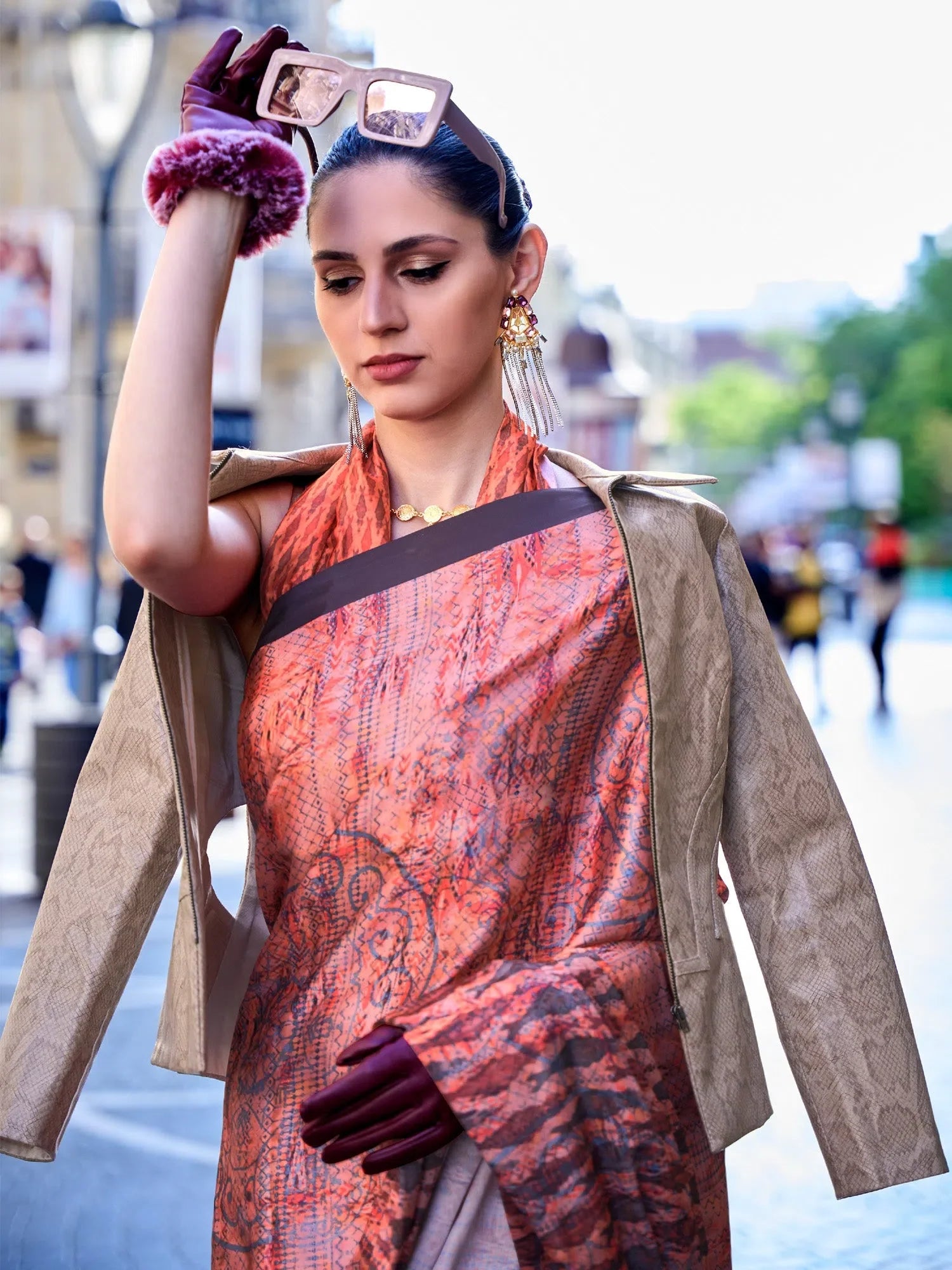 Peach Satin Digital Print Saree | Designer Sarees India