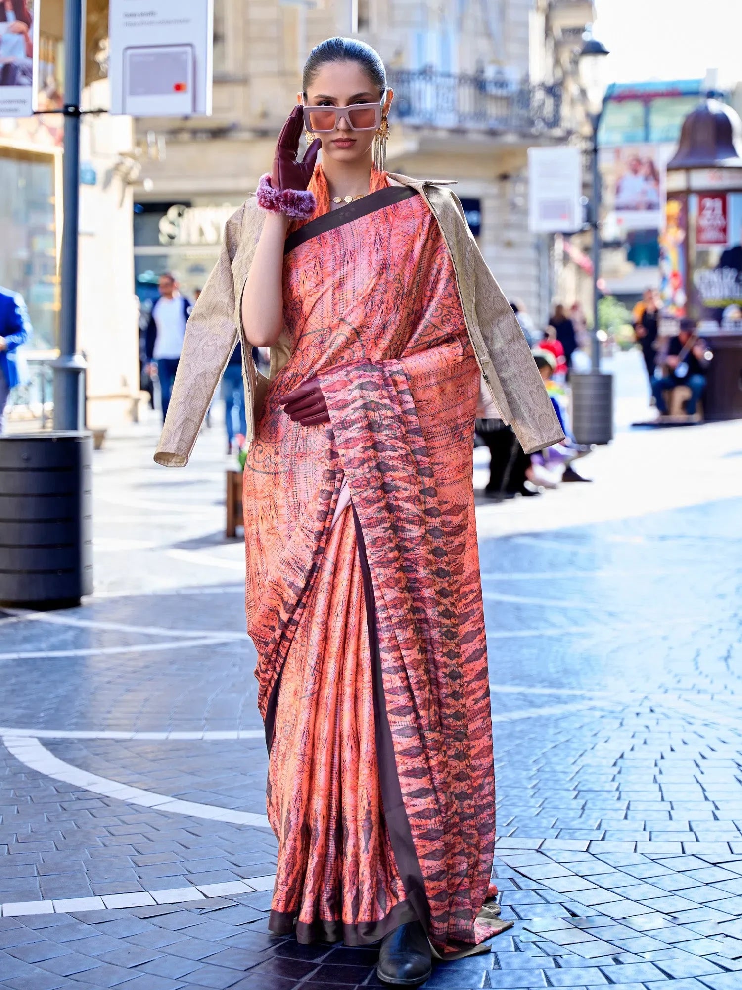 Peach Satin Digital Print Saree | Designer Sarees India