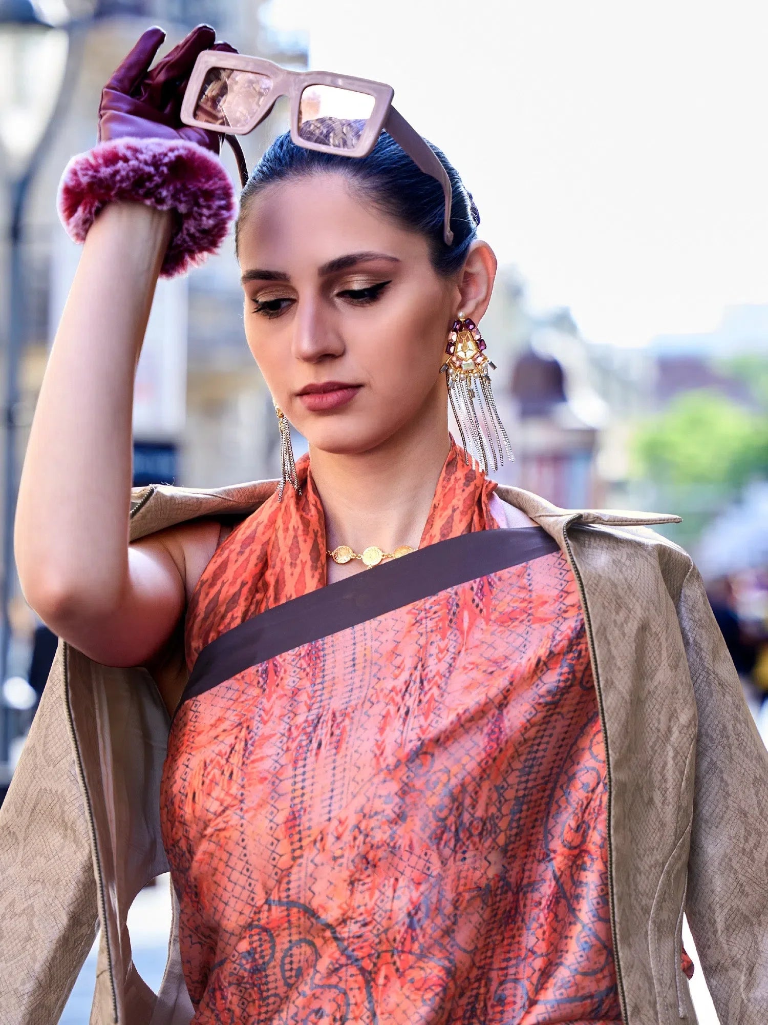 Peach Satin Digital Print Saree | Designer Sarees India