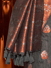 Women's Pure Linen Grey Woven Design Designer Saree With Blouse Piece-KLSIMA316001