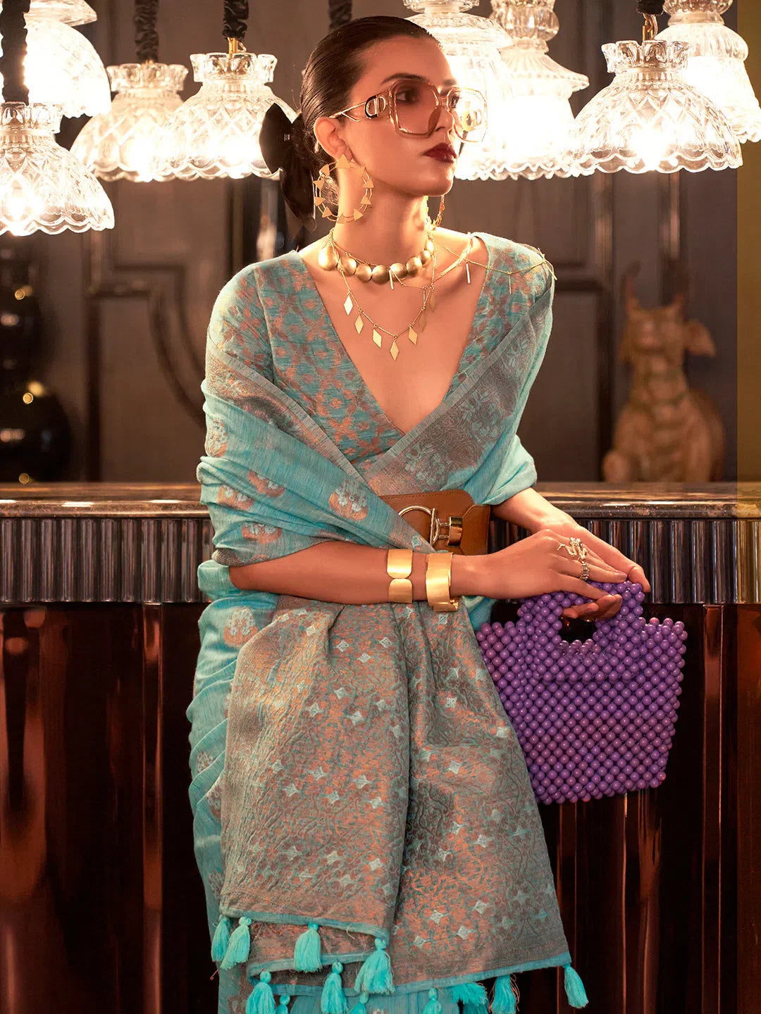 Women's Pure Linen Blue Woven Design Designer Saree With Blouse Piece-KLSIMA316006