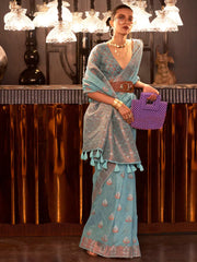 Women's Pure Linen Blue Woven Design Designer Saree With Blouse Piece-KLSIMA316006