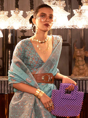 Women's Pure Linen Blue Woven Design Designer Saree With Blouse Piece-KLSIMA316006