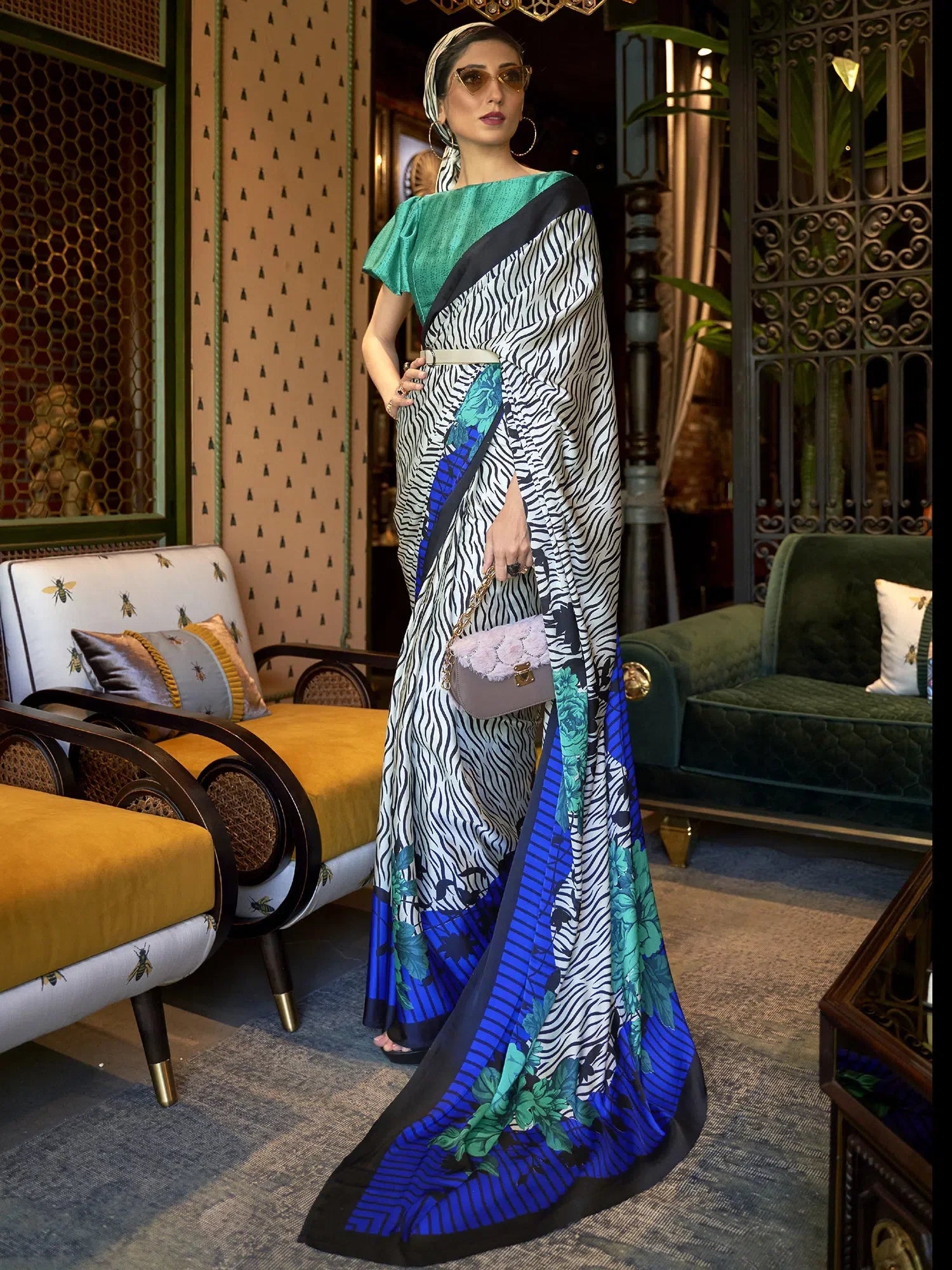 Printed Polyester Saree - Indian Sarees & Blouse Piece