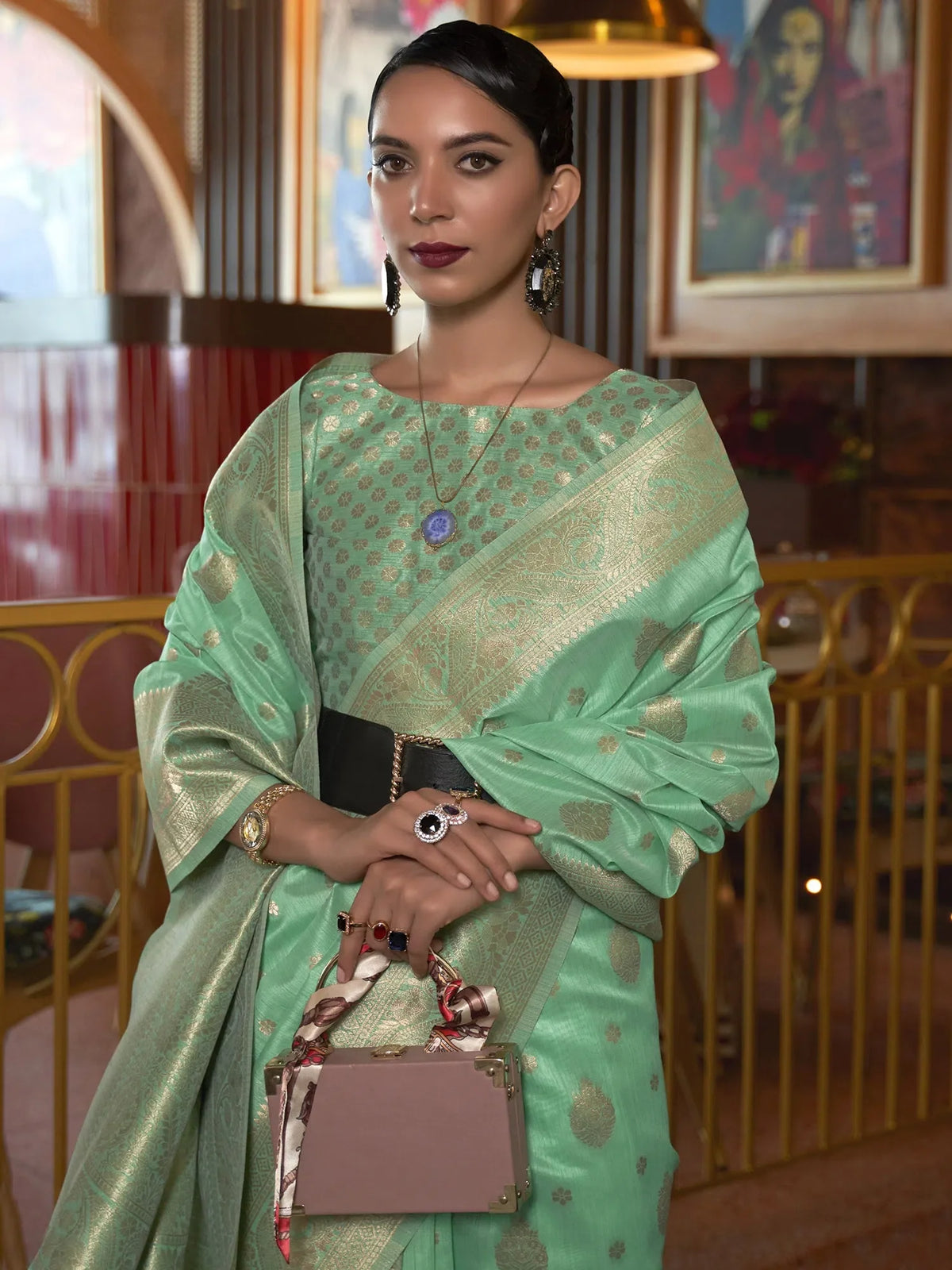 Women's  Blend Sea Green Woven Design Designer Saree With Blouse Piece-KMIRAH280004