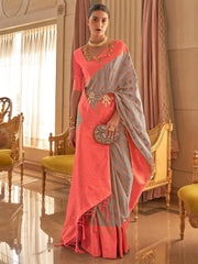 Women's Blend Teal Blue Woven Design Handloom Saree With Blouse Piece-KNMNI2001