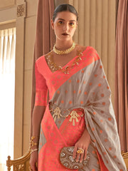 Women's Blend Teal Blue Woven Design Handloom Saree With Blouse Piece-KNMNI2001