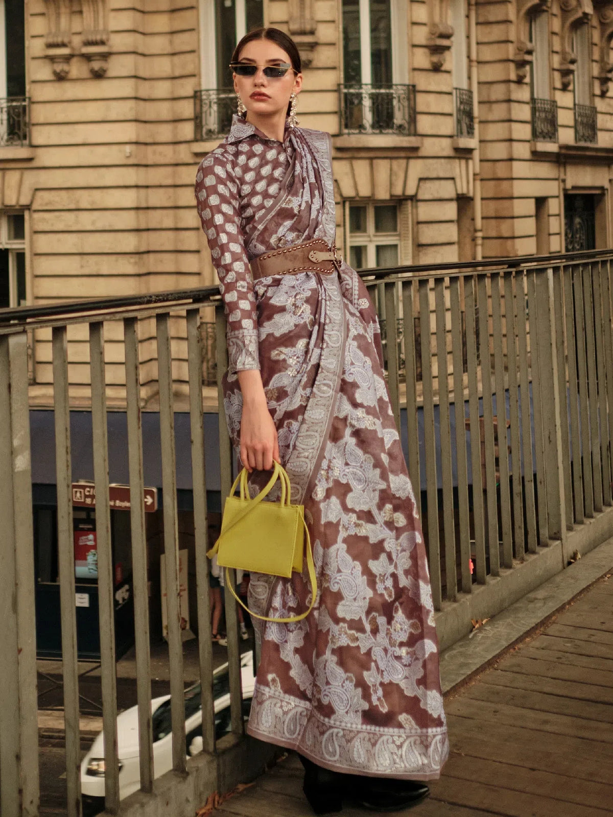 Women's Organza Brown Woven Design Designer Saree With Blouse Piece-KNEZA342003