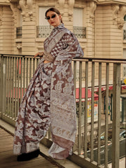 Women's Organza Brown Woven Design Designer Saree With Blouse Piece-KNEZA342003