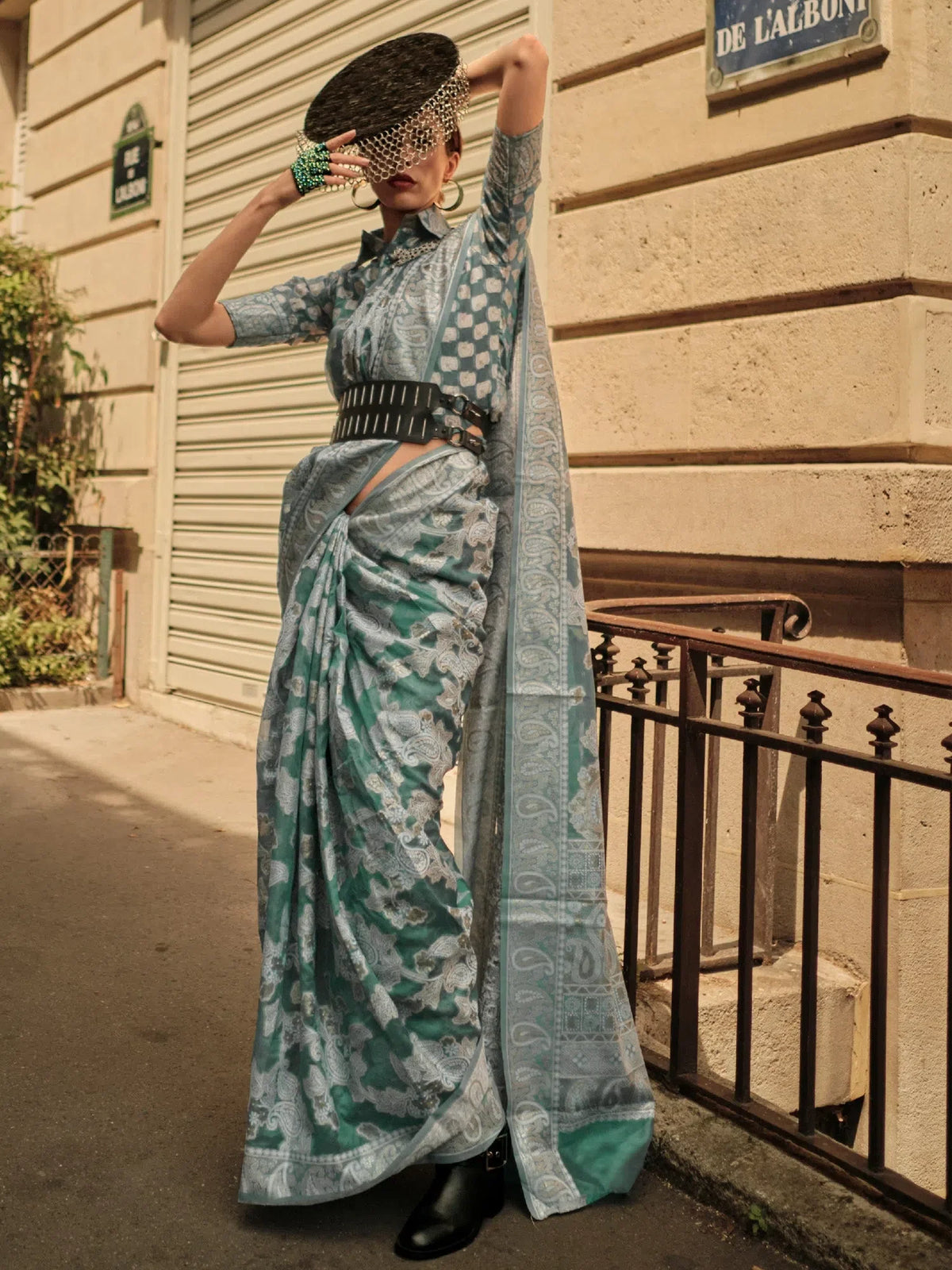 Women's Organza Sea Green Woven Design Designer Saree With Blouse Piece-KNEZA342008