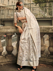 Women's Organza White Woven Design Designer Saree With Blouse Piece-KNEZA342009
