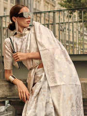Women's Organza White Woven Design Designer Saree With Blouse Piece-KNEZA342009