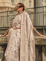 Women's Organza White Woven Design Designer Saree With Blouse Piece-KNEZA342009
