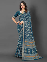 Women's  Blend Teal Blue Printed Designer Saree With Blouse Piece-KNKAVTI11E