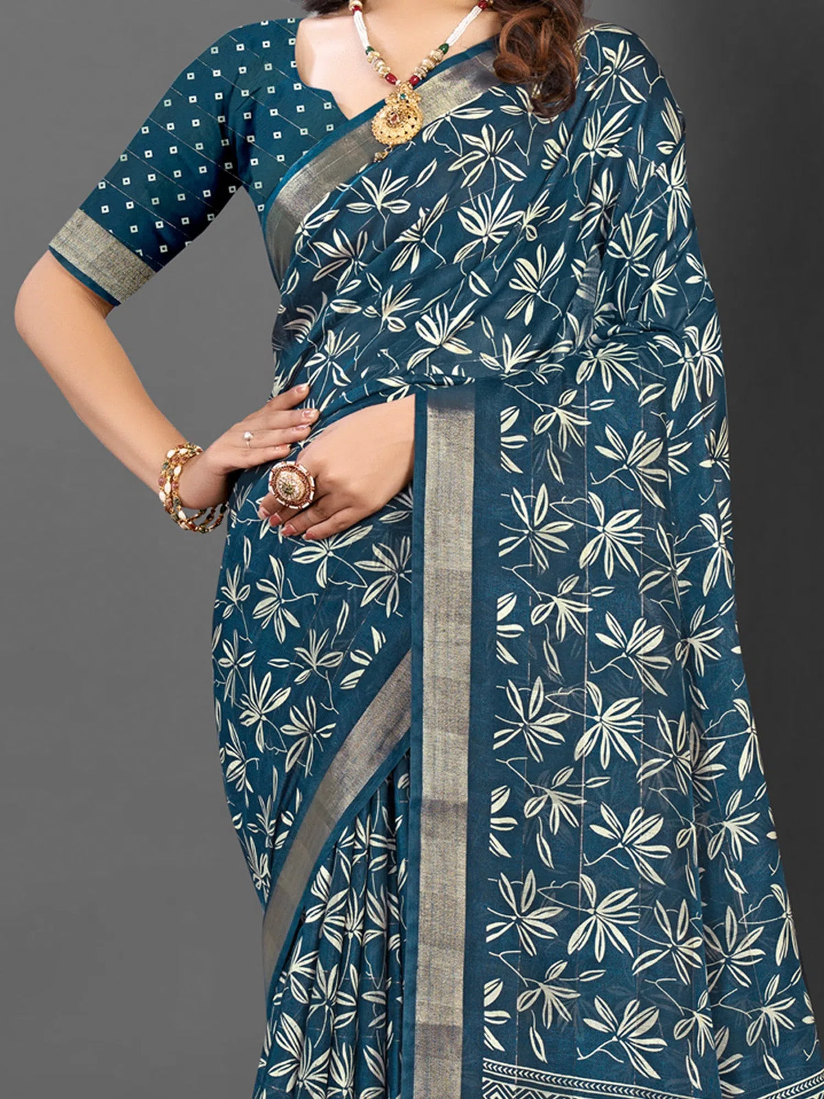 Women's  Blend Teal Blue Printed Designer Saree With Blouse Piece-KNKAVTI11E