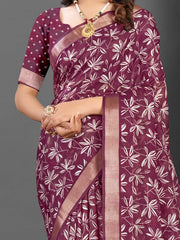 Women's Cotton Grey Printed Designer Saree With Blouse Piece-MINAXI5001