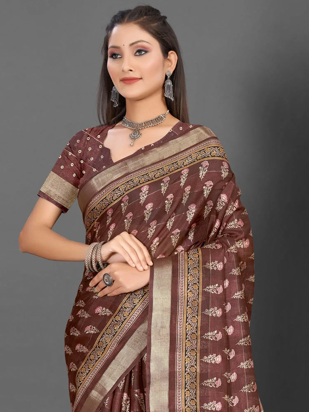 Women's Cotton Light Blue Printed Ready To Wear With Blouse Piece-RTWMINAXI6802