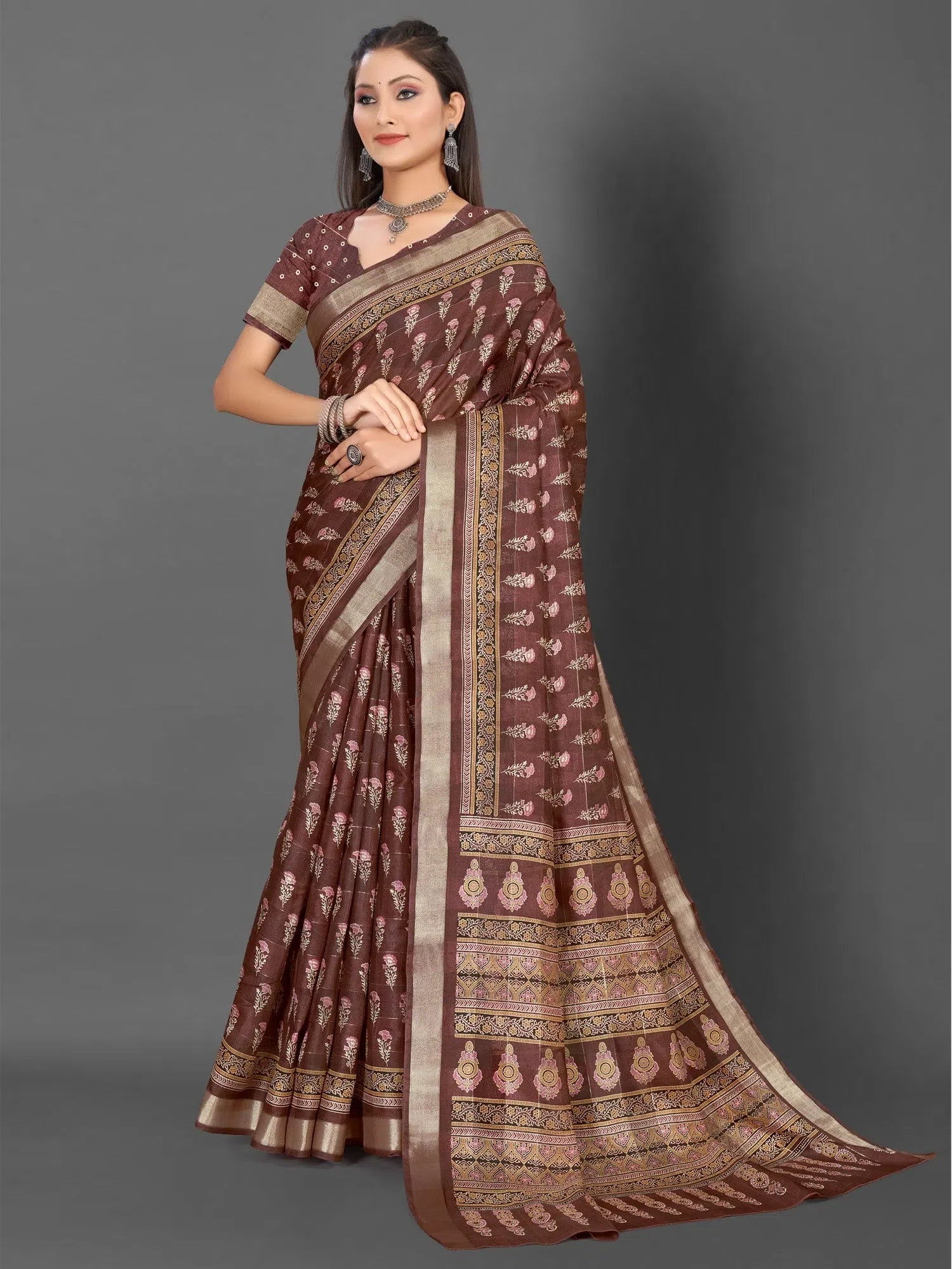 Brown Printed Polyester Saree | Indian Wedding Sarees