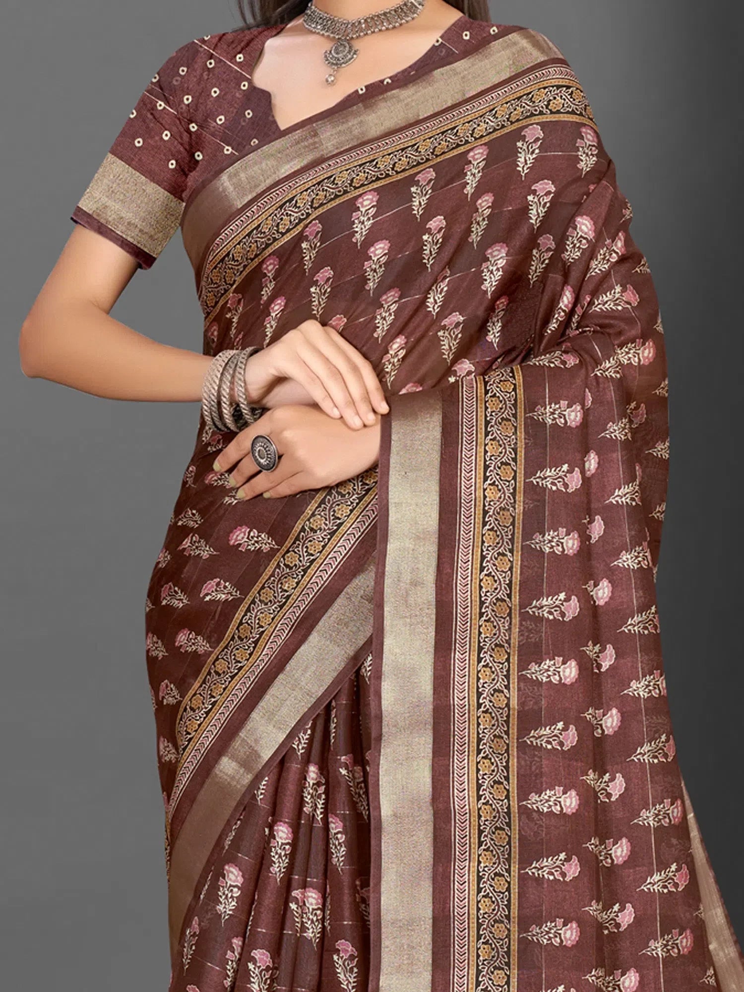 Brown Printed Polyester Saree | Indian Wedding Sarees