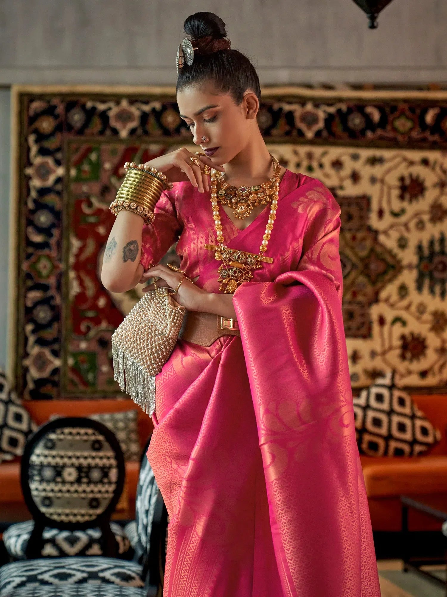 Pink Ornamental Woven Polyester Saree | Stylish Indian Designer Wear