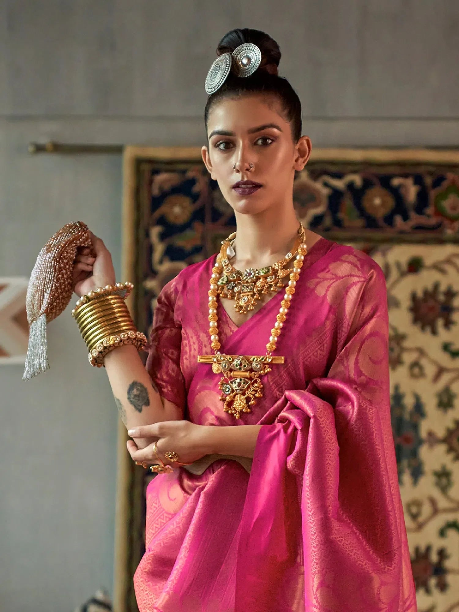 Pink Ornamental Woven Polyester Saree | Stylish Indian Designer Wear