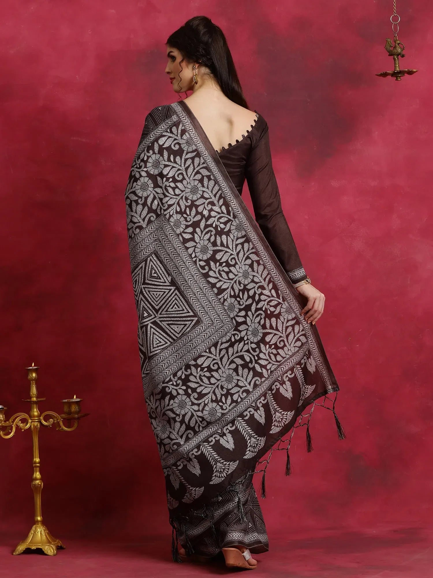 Brown Printed Polyester Indian Sari - Designer Saree