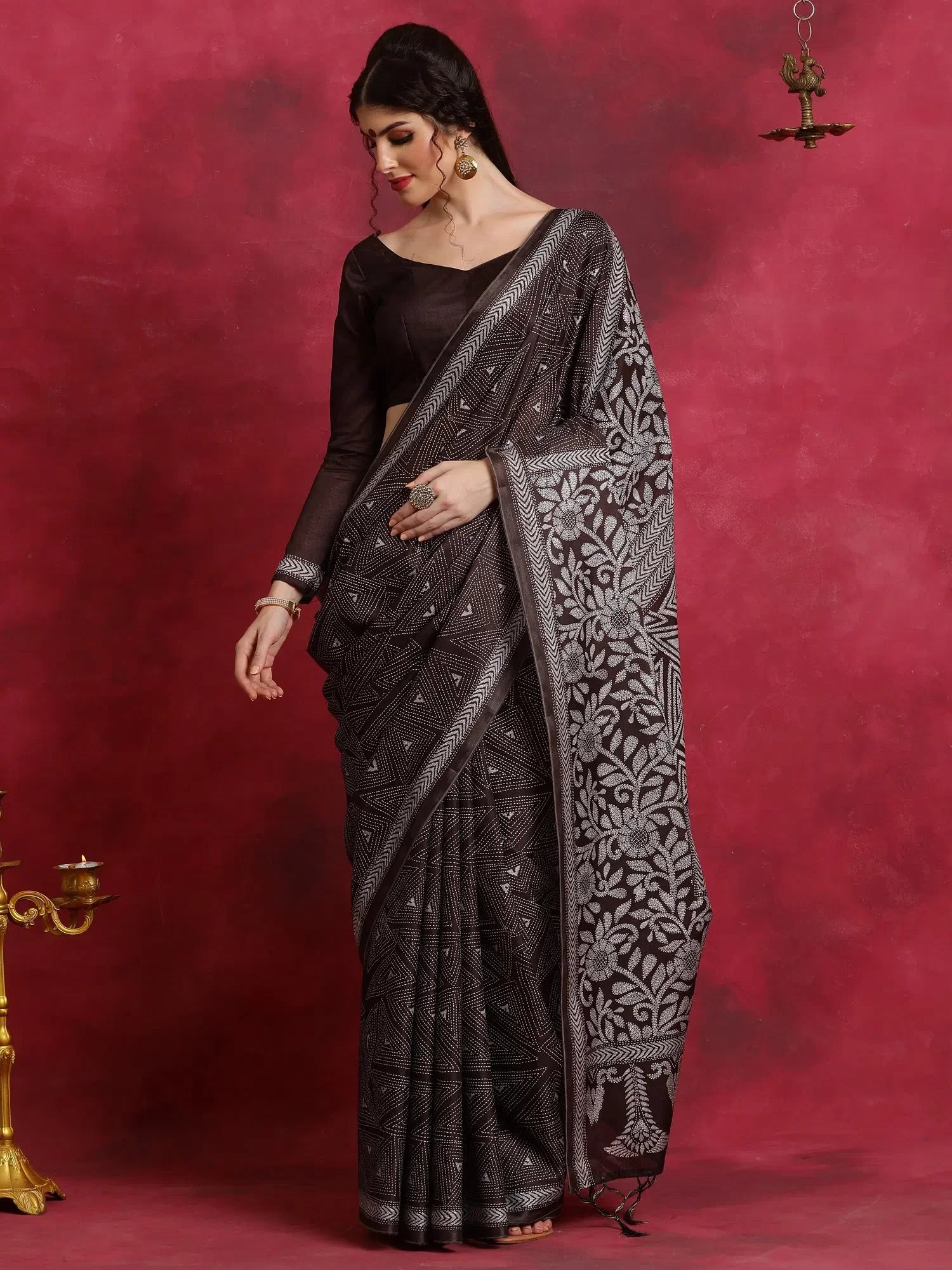 Brown Printed Polyester Indian Sari - Designer Saree