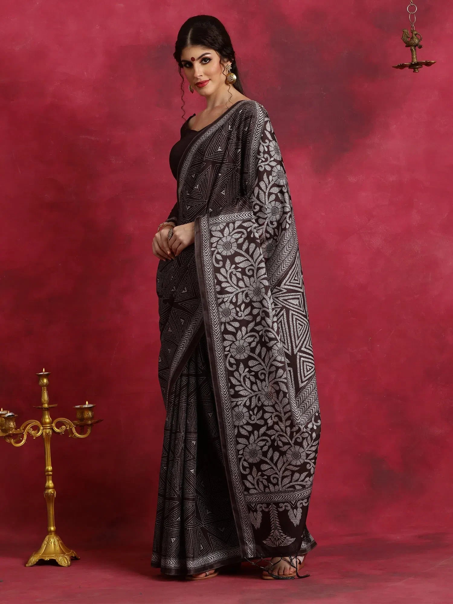 Brown Printed Polyester Indian Sari - Designer Saree