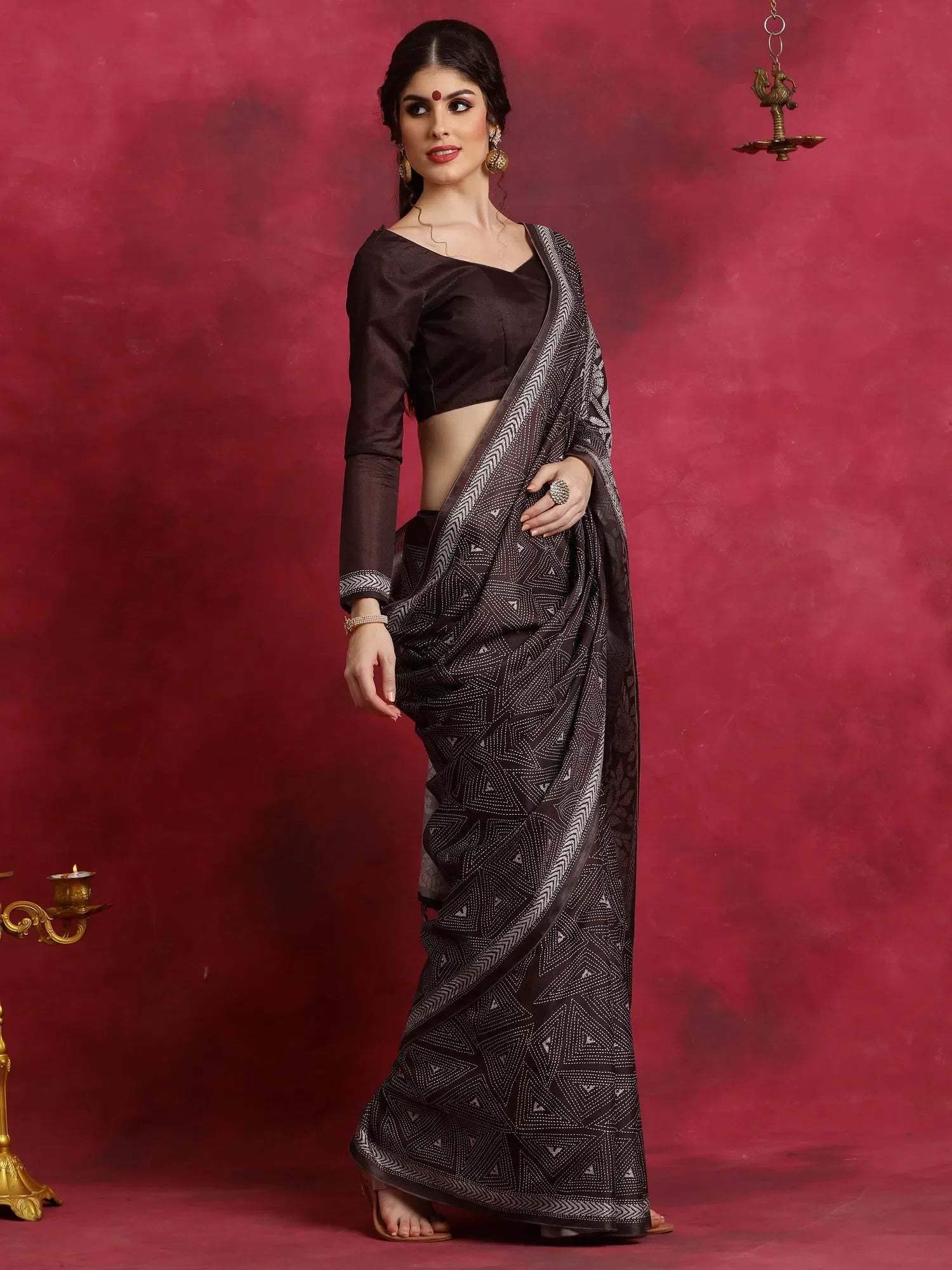 Brown Printed Polyester Indian Sari - Designer Saree