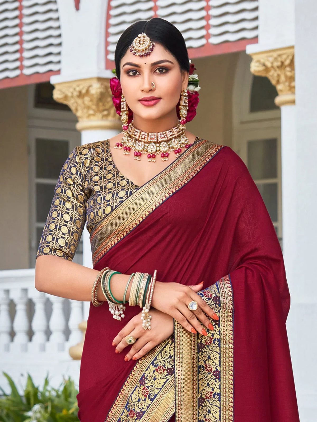 Women's Vichitra  Magenta Embellished Designer Saree With Blouse Piece-KNTRA30132