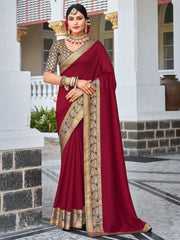 Women's Vichitra  Magenta Embellished Designer Saree With Blouse Piece-KNTRA30132