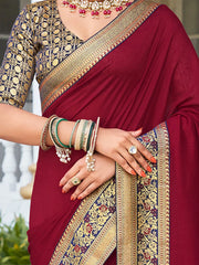 Women's Vichitra  Magenta Embellished Designer Saree With Blouse Piece-KNTRA30132