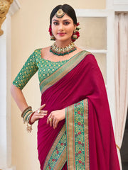 Women's Vichitra Pink Embellished Designer Saree With Blouse Piece-KNTRA30138