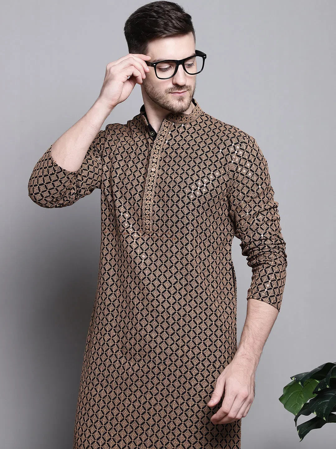 Brown Sequin Embroidered Kurta - Mens Kurta Pajama | Cotton