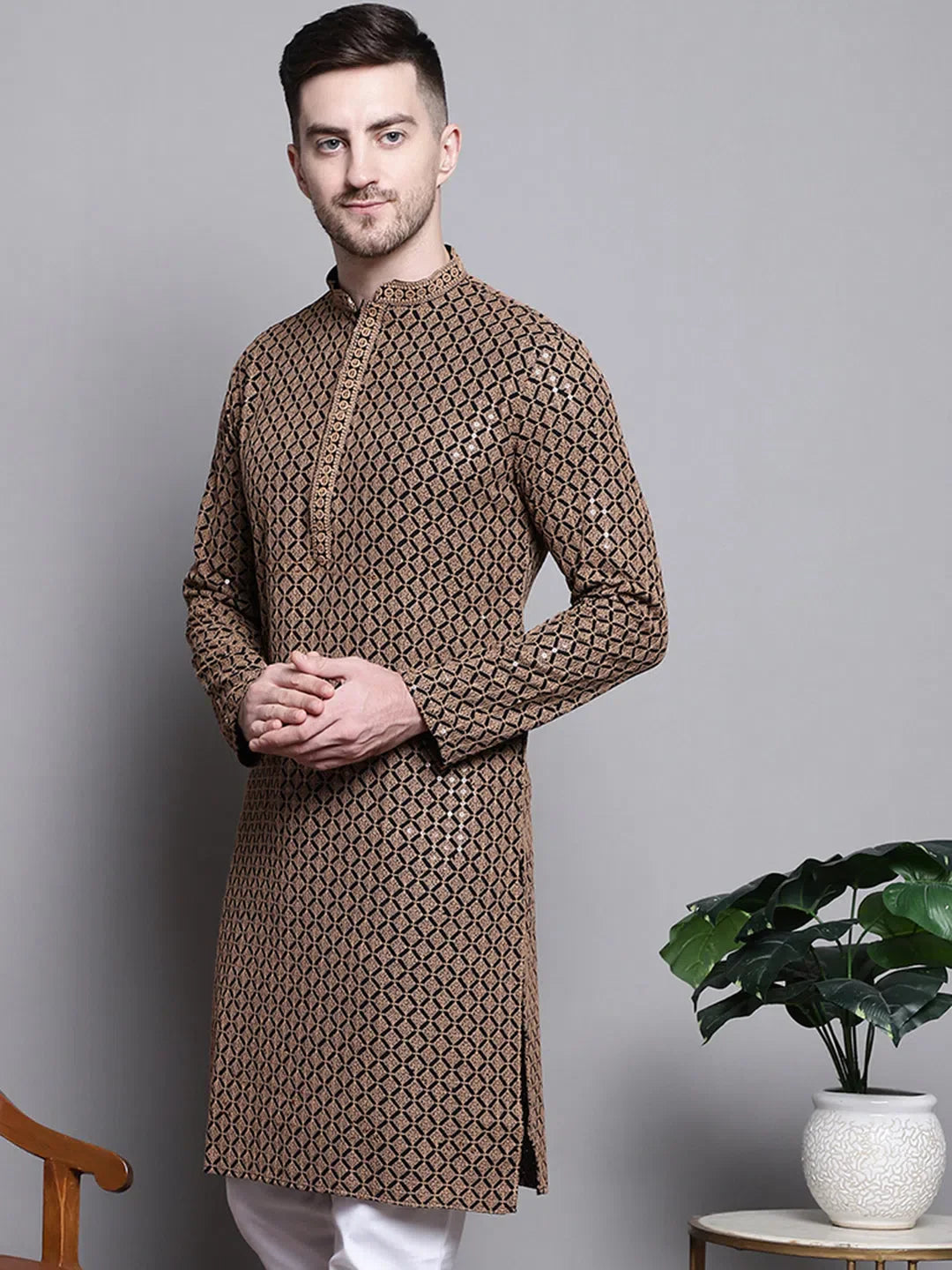Brown Sequin Embroidered Kurta - Mens Kurta Pajama | Cotton