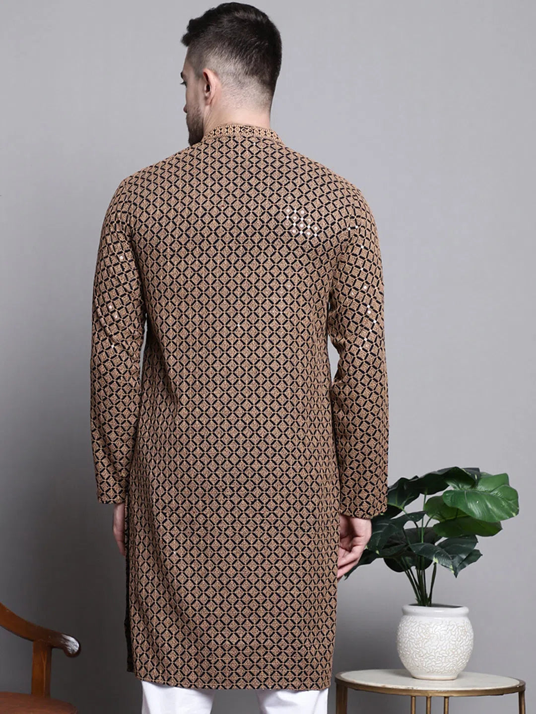 Brown Sequin Embroidered Kurta - Mens Kurta Pajama | Cotton