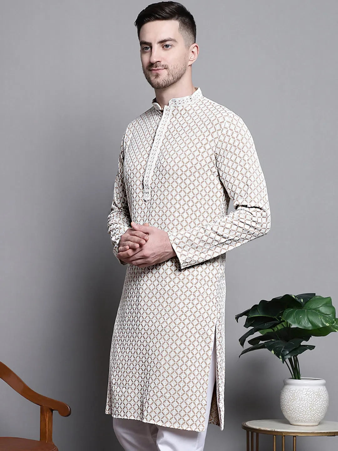Beige Sequin Embroidered Cotton Kurta | Mens Kurta Pajama Set