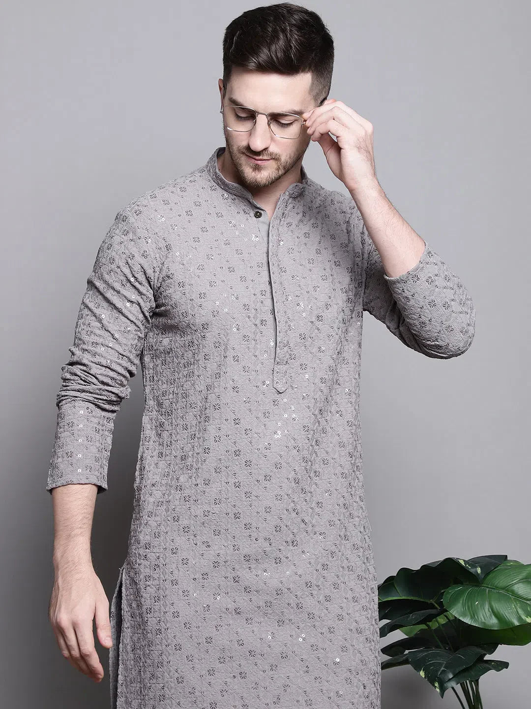 Grey Embroidered Cotton Kurta - Shop Mens Kurta Pajama Sets