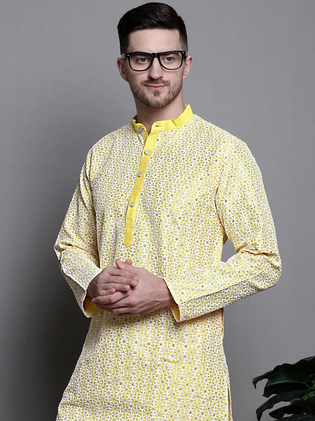 Yellow Embroidered Silk Blend Kurta - Mens Kurta Pajama Set