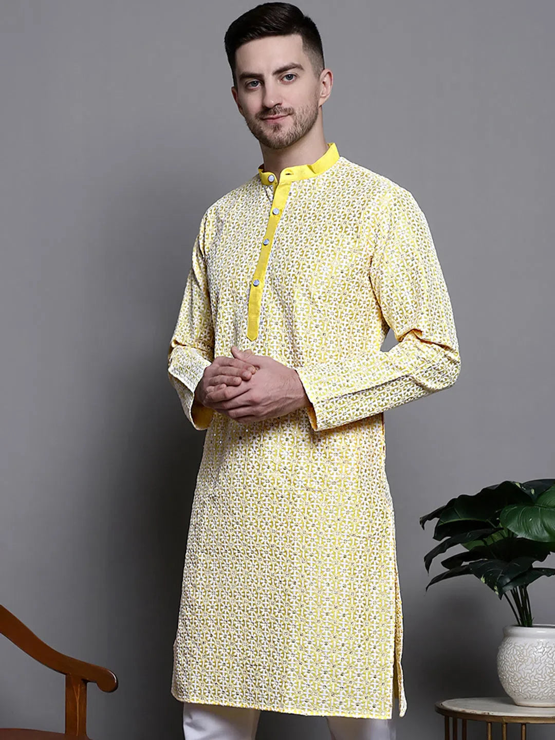 Yellow Embroidered Silk Blend Kurta - Mens Kurta Pajama Set