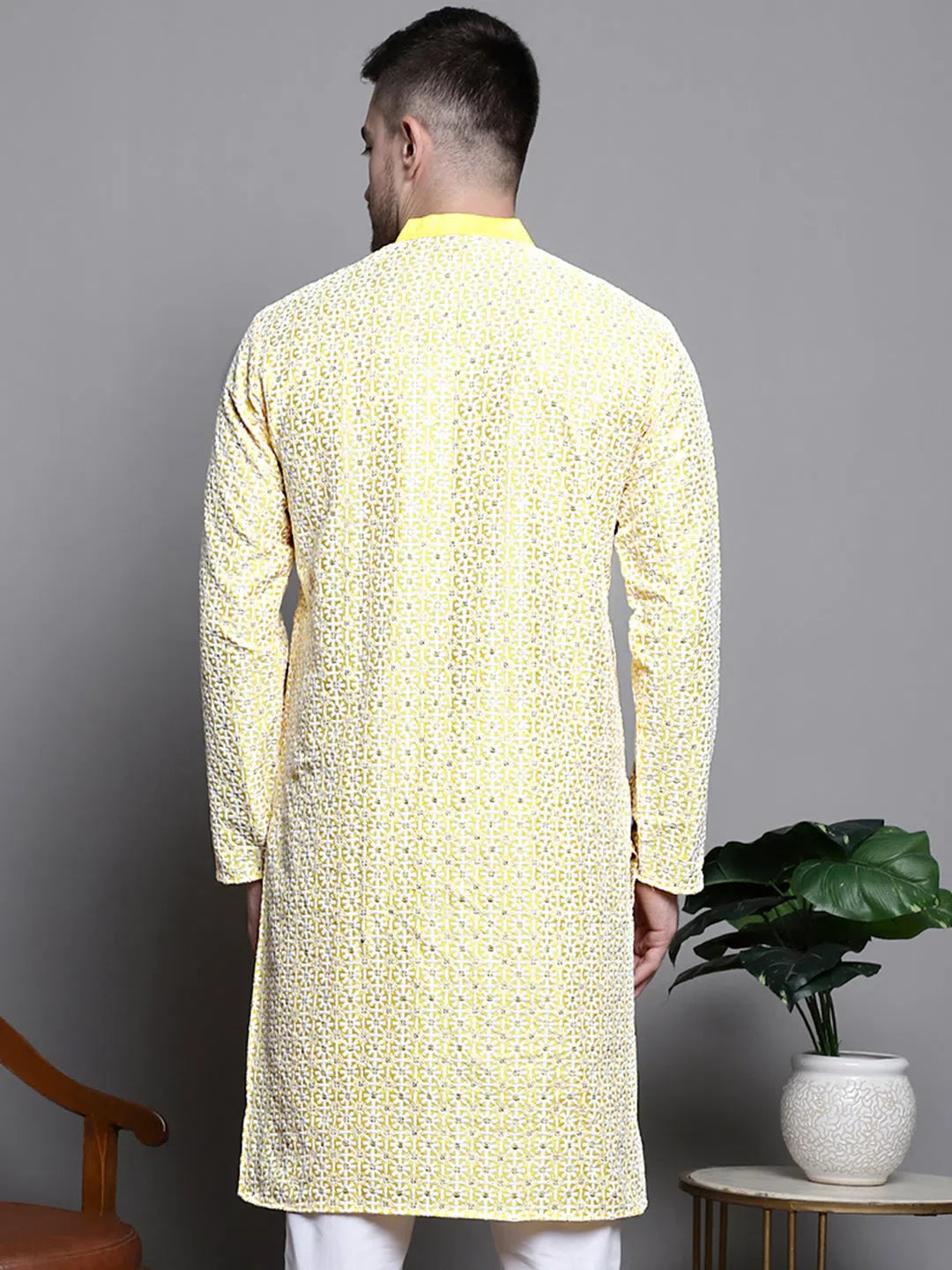 Yellow Embroidered Silk Blend Kurta - Mens Kurta Pajama Set