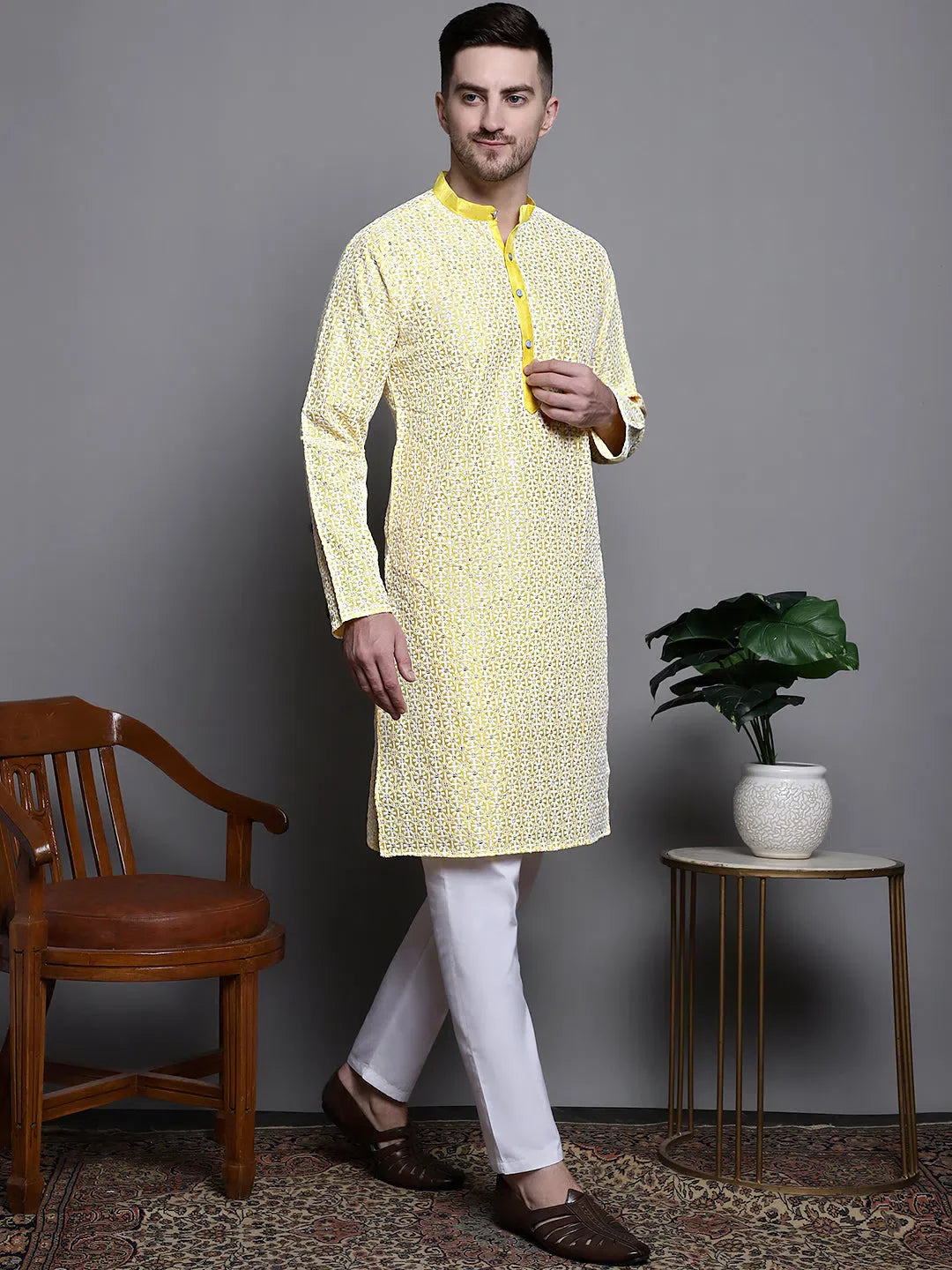 Yellow Embroidered Silk Blend Kurta - Mens Kurta Pajama Set