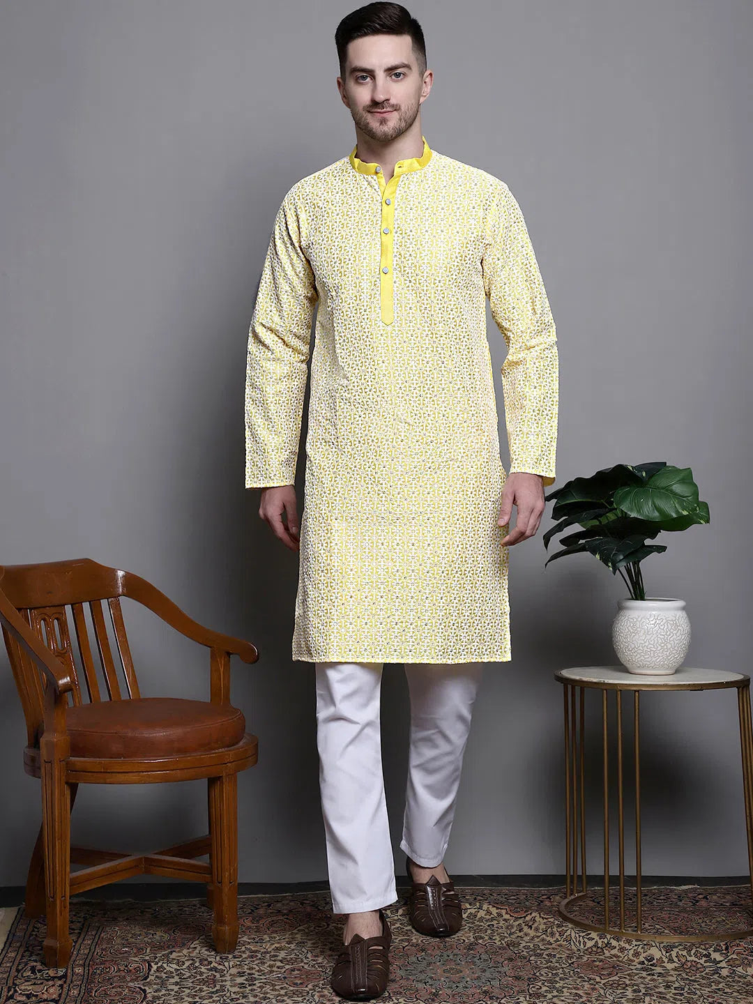 Yellow Embroidered Silk Blend Kurta - Mens Kurta Pajama Set