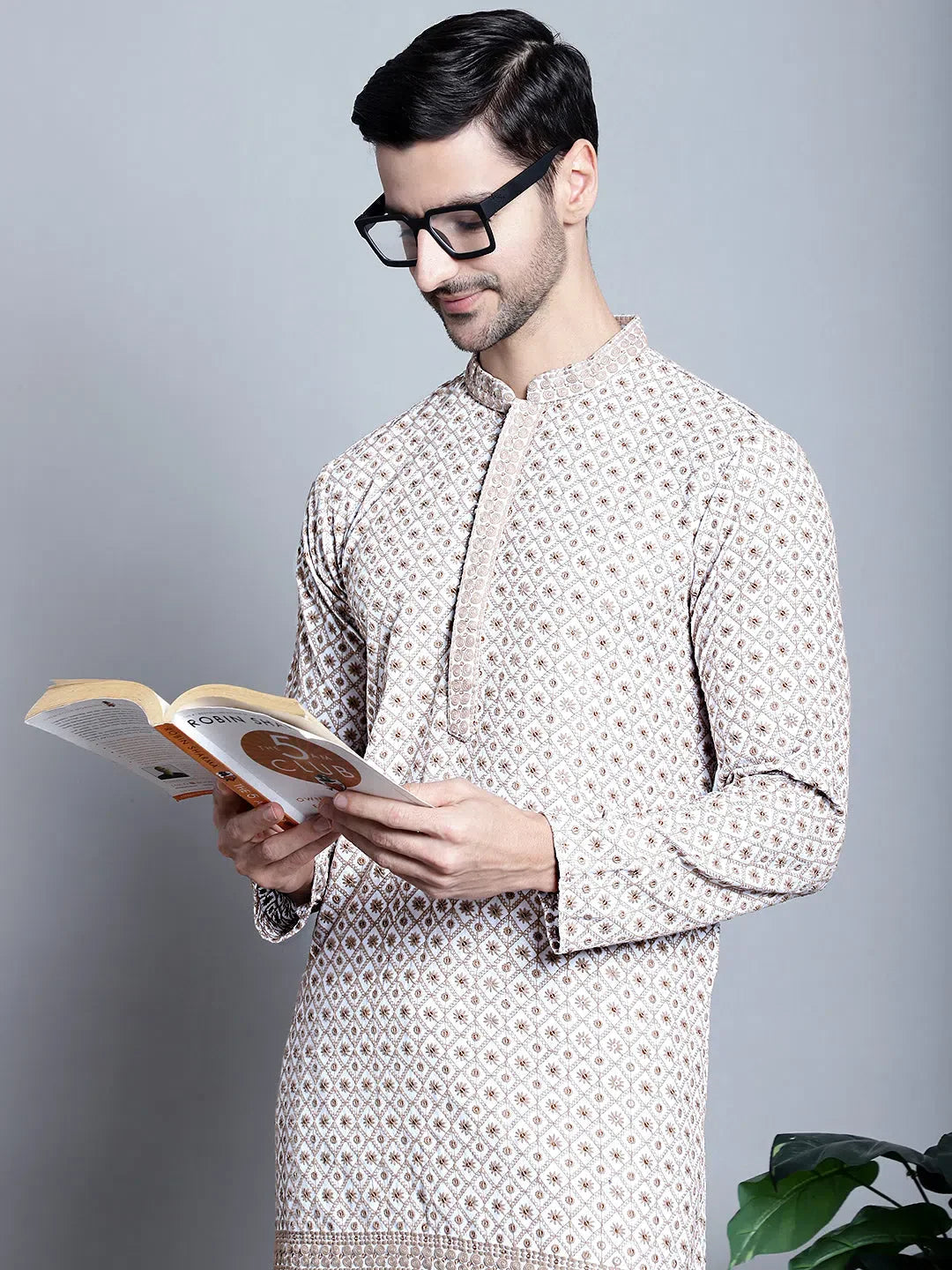 Beige Chikankari Mens Kurta Pajama Set - Floral Viscose Kurta