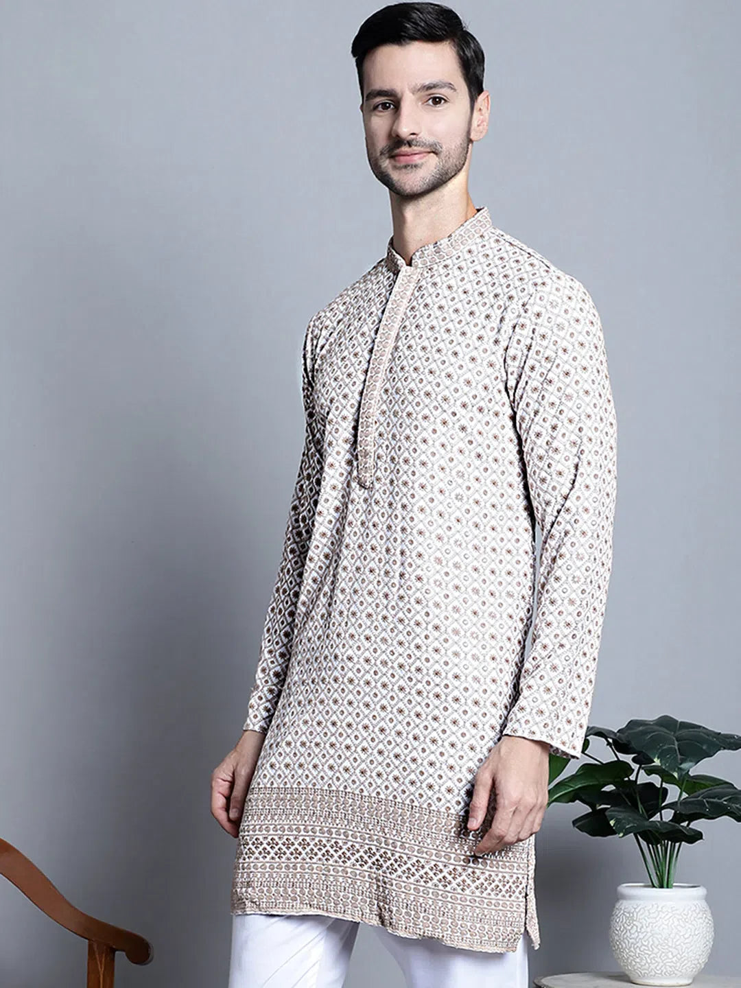 Beige Chikankari Mens Kurta Pajama Set - Floral Viscose Kurta